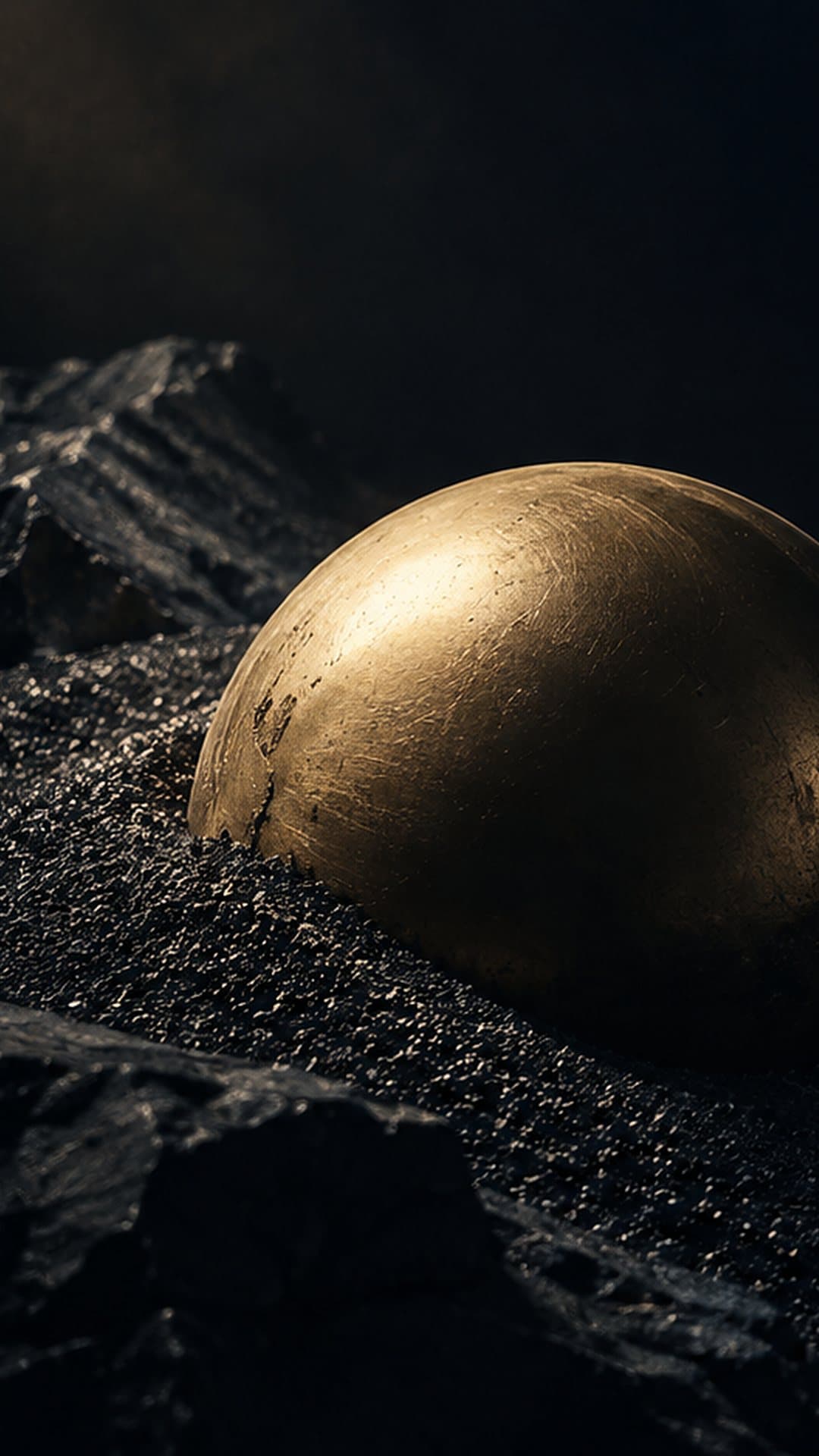 A brass sphere half-buried in dark sand, lit by a single shaft of light